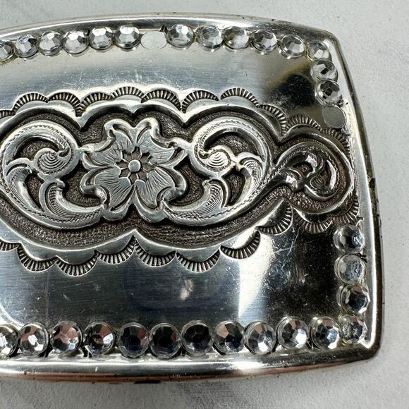 Vintage 1995 Western Rhinestone Belt Buckle Flower Scroll Silver ✨ - Picture 5 of 11